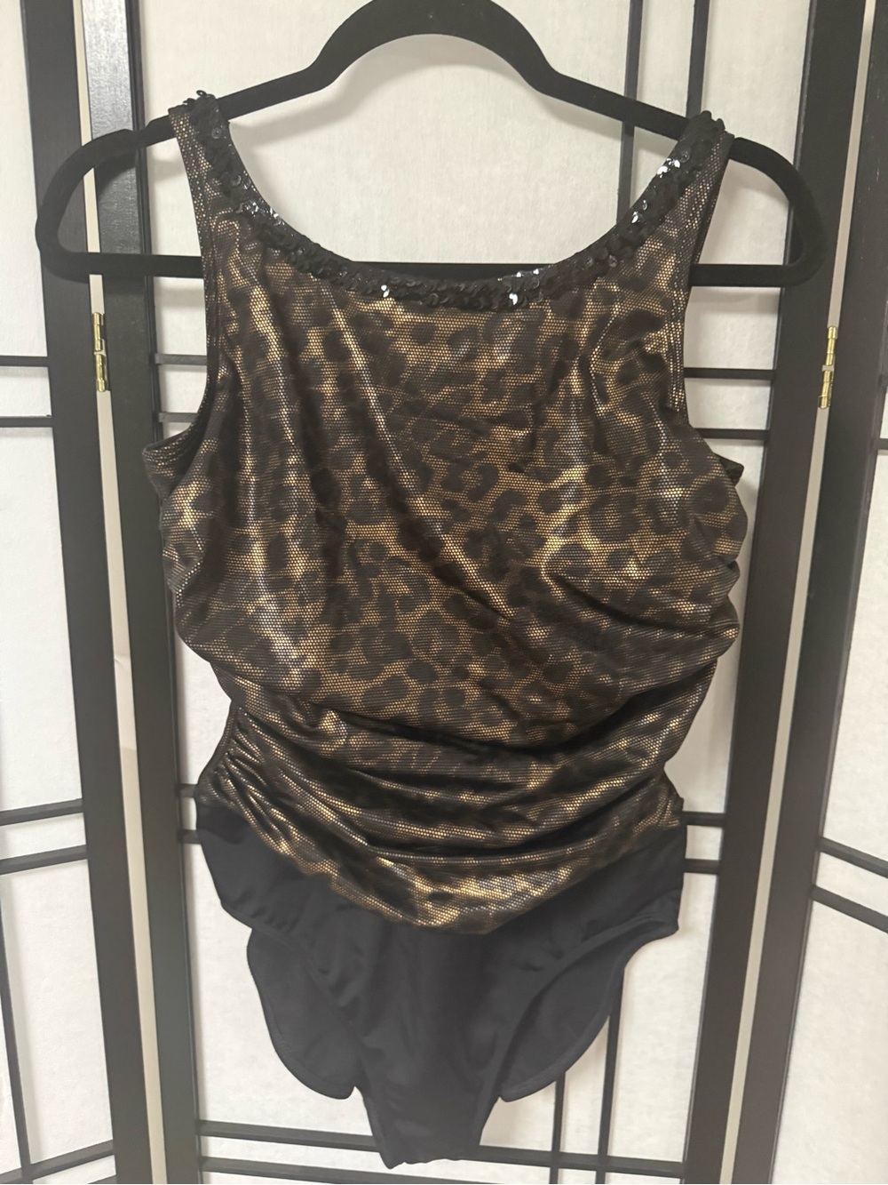 CHI by Falchi Leopard Print Shimmer One-Piece Swimsuit with Black Bottom size 12